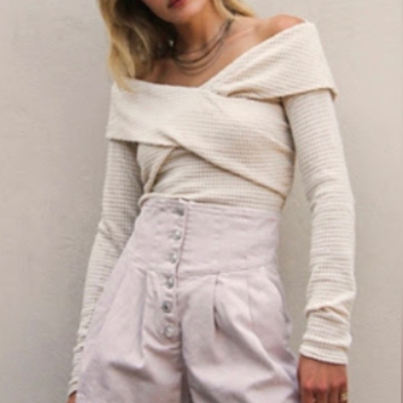 Free People Marley Top Off Shoulder Waffle Knit Oatmeal Cream Large - Picture 1 of 16